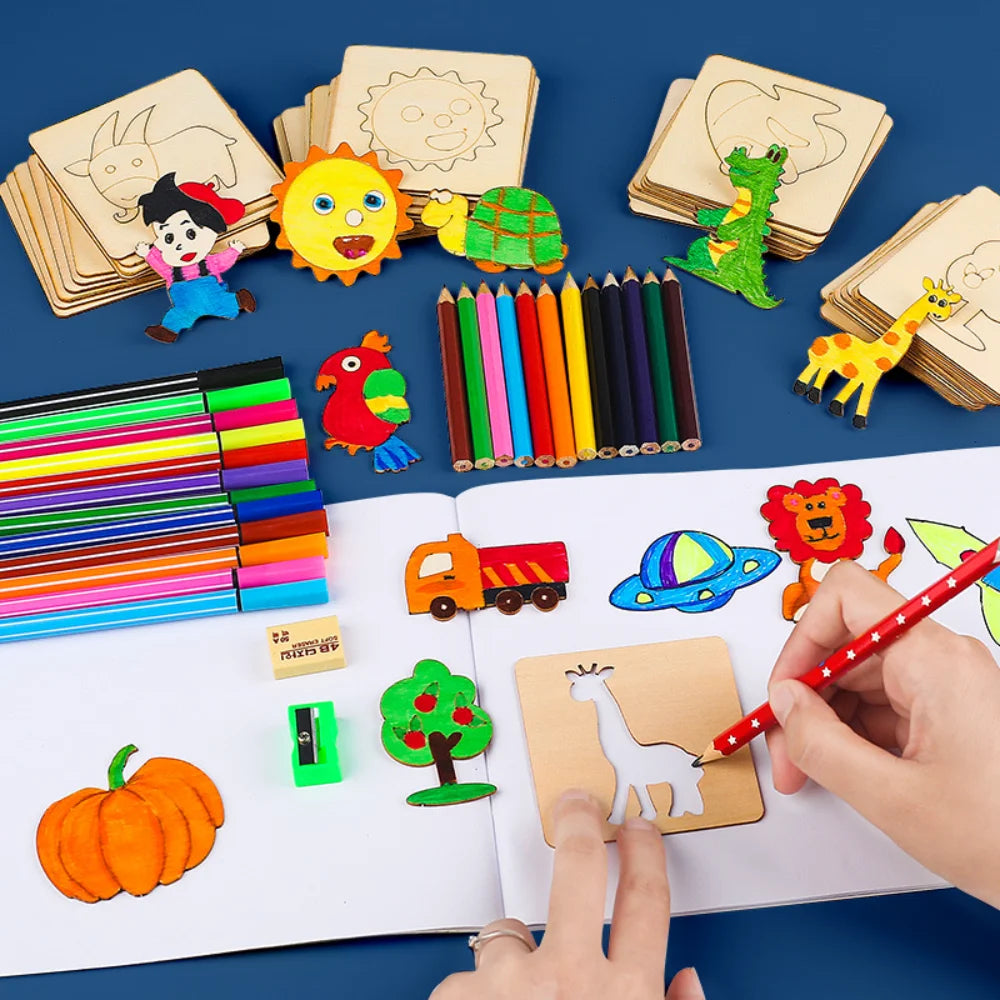 🖌️ Kit de Desenho Montessori em Madeira | Moldes Criativos para Pintura Infantil (10/20 peças)