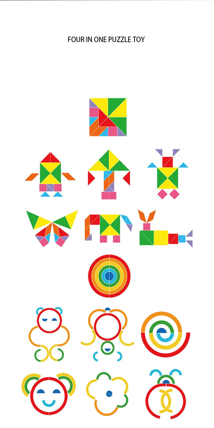 🧩 Quebra-Cabeça Montessori 4 em 1 | Tangram de Madeira Educativo Infantil