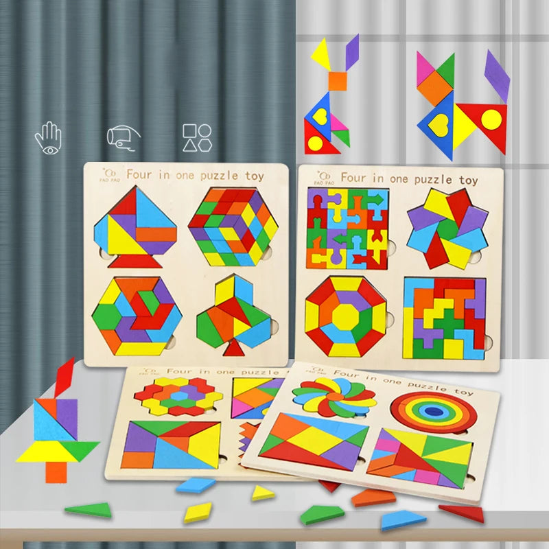🧩 Quebra-Cabeça Montessori 4 em 1 | Tangram de Madeira Educativo Infantil