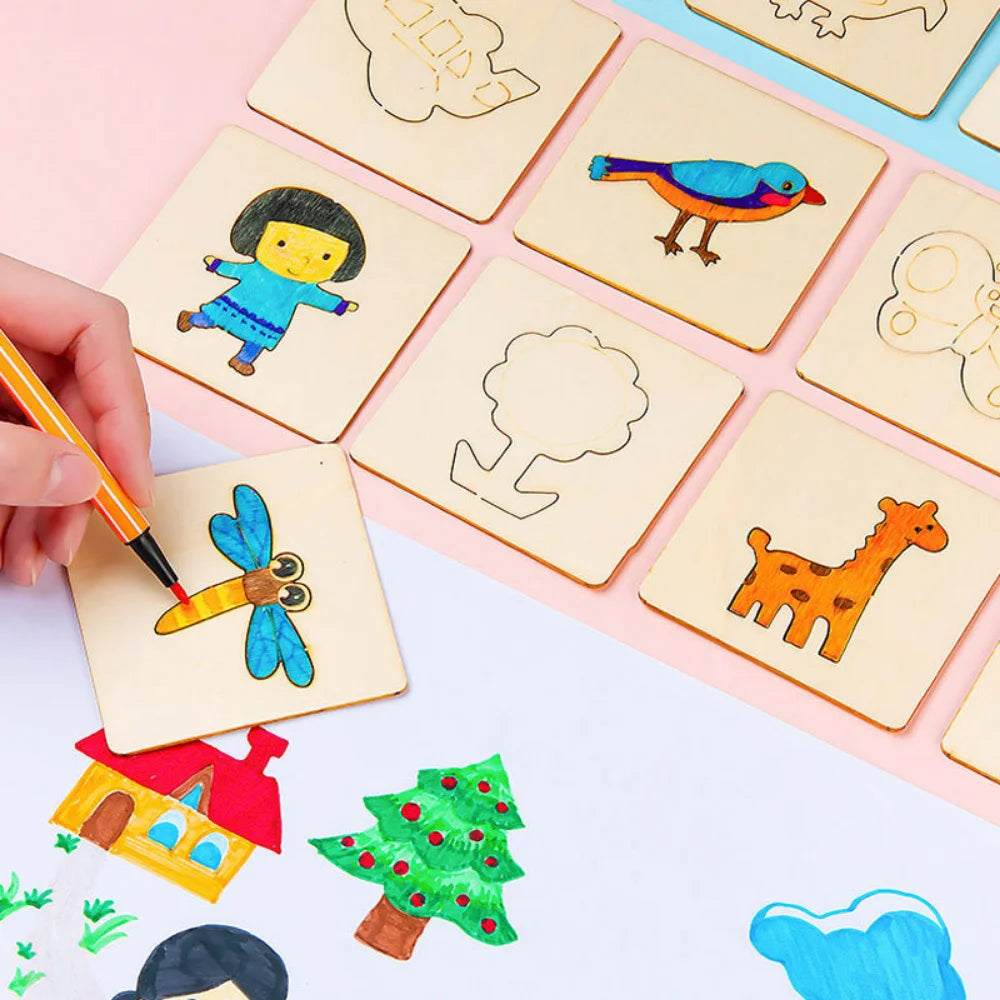 🖌️ Kit de Desenho Montessori em Madeira | Moldes Criativos para Pintura Infantil (10/20 peças)
