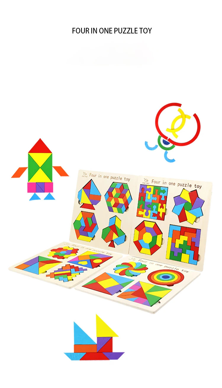 🧩 Quebra-Cabeça Montessori 4 em 1 | Tangram de Madeira Educativo Infantil