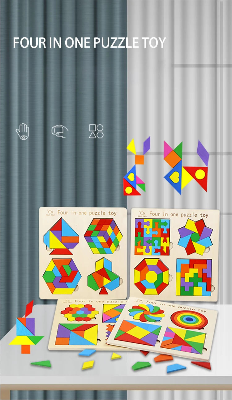 🧩 Quebra-Cabeça Montessori 4 em 1 | Tangram de Madeira Educativo Infantil