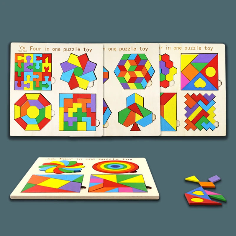 🧩 Quebra-Cabeça Montessori 4 em 1 | Tangram de Madeira Educativo Infantil