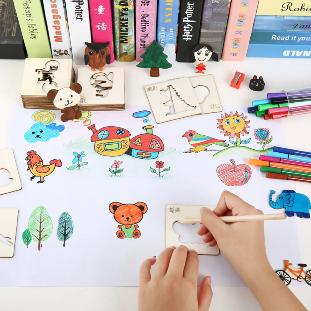 🖌️ Kit de Desenho Montessori em Madeira | Moldes Criativos para Pintura Infantil (10/20 peças)