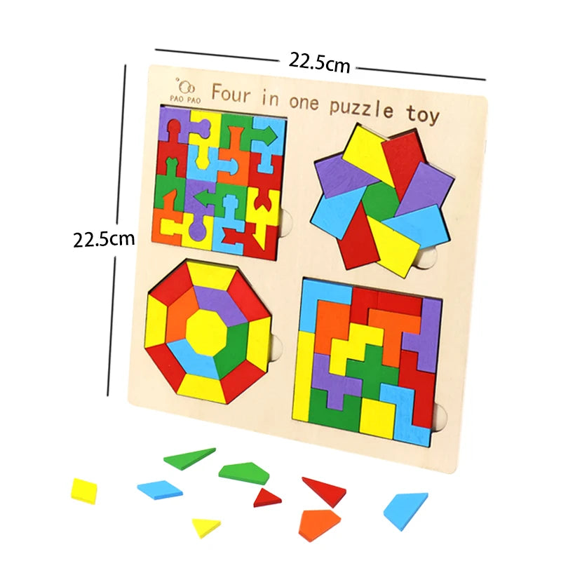 🧩 Quebra-Cabeça Montessori 4 em 1 | Tangram de Madeira Educativo Infantil