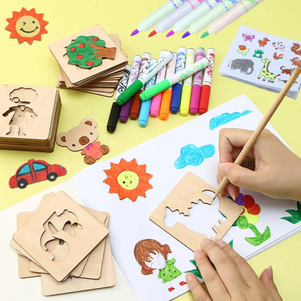 🖌️ Kit de Desenho Montessori em Madeira | Moldes Criativos para Pintura Infantil (10/20 peças)
