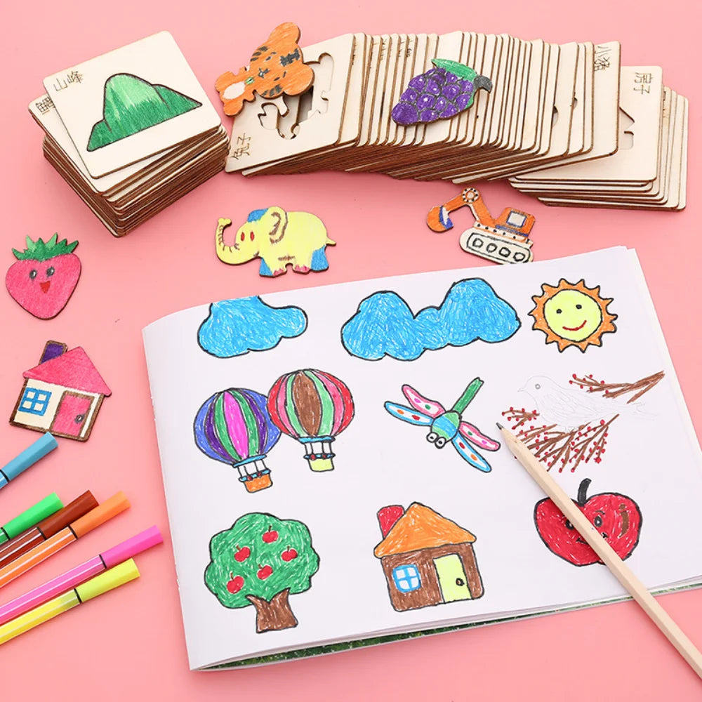 🖌️ Kit de Desenho Montessori em Madeira | Moldes Criativos para Pintura Infantil (10/20 peças)