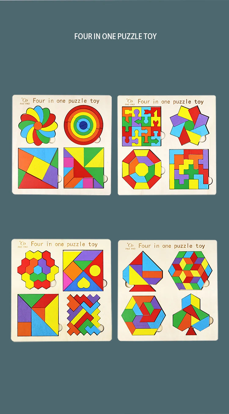 🧩 Quebra-Cabeça Montessori 4 em 1 | Tangram de Madeira Educativo Infantil
