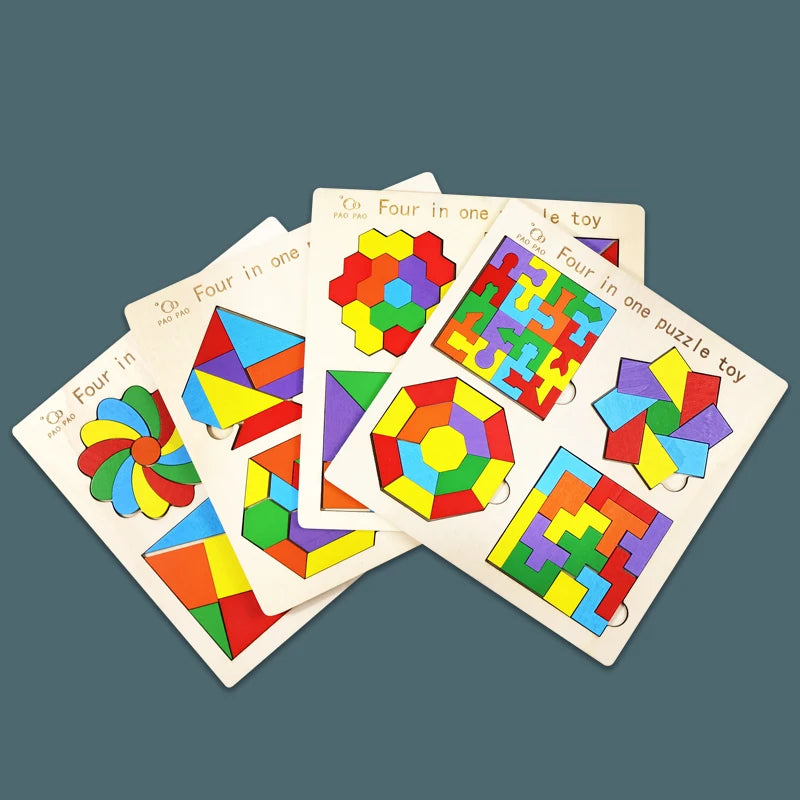 🧩 Quebra-Cabeça Montessori 4 em 1 | Tangram de Madeira Educativo Infantil