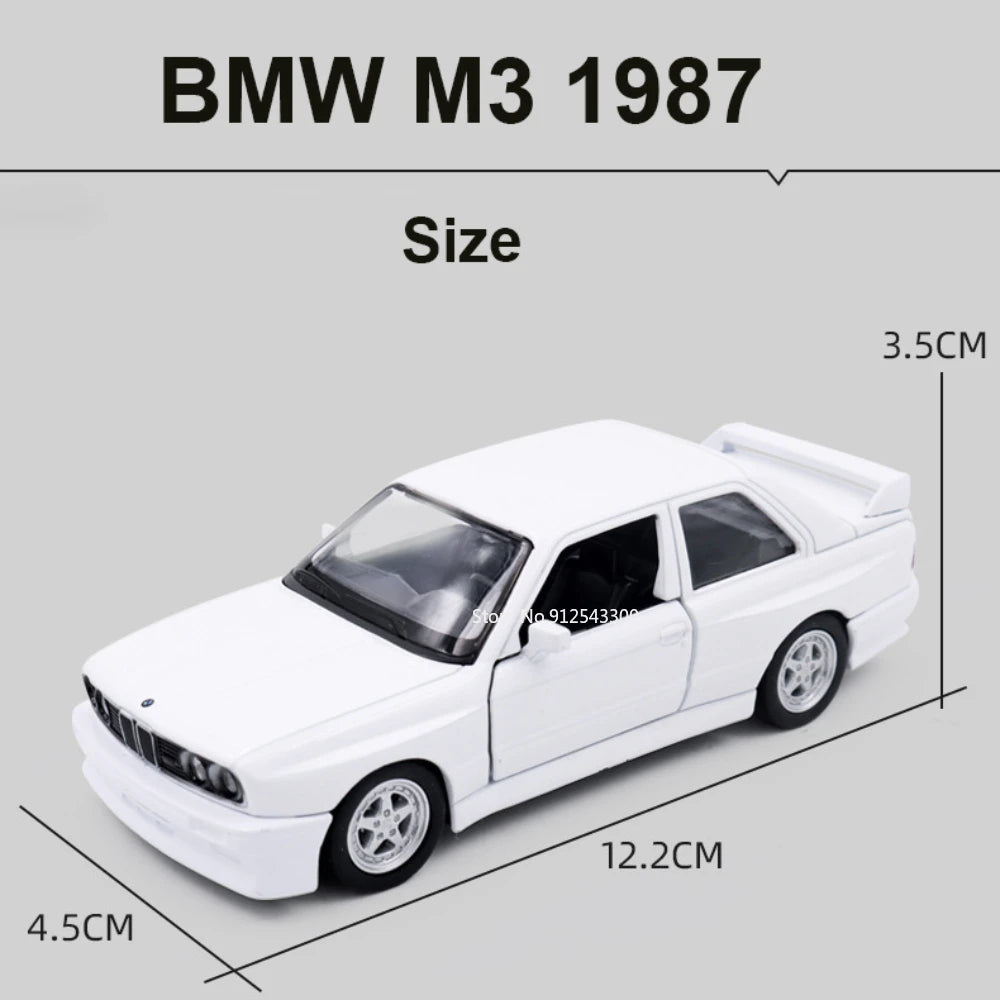 Miniatura BMW M3 1987 – Modelo Retro de Metal com Abertura de Portas e Pull-Back