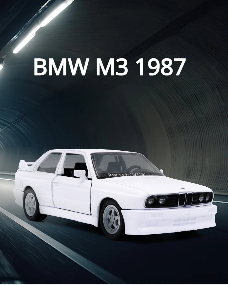 Miniatura BMW M3 1987 – Modelo Retro de Metal com Abertura de Portas e Pull-Back