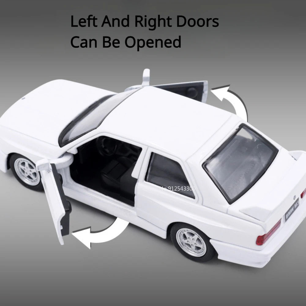 Miniatura BMW M3 1987 – Modelo Retro de Metal com Abertura de Portas e Pull-Back