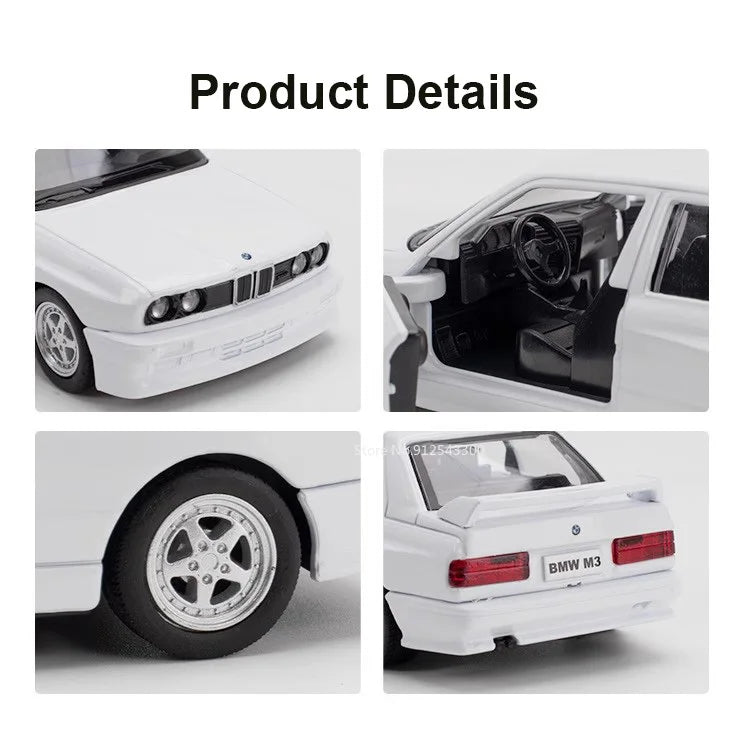 Miniatura BMW M3 1987 – Modelo Retro de Metal com Abertura de Portas e Pull-Back
