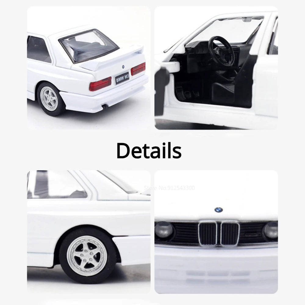 Miniatura BMW M3 1987 – Modelo Retro de Metal com Abertura de Portas e Pull-Back