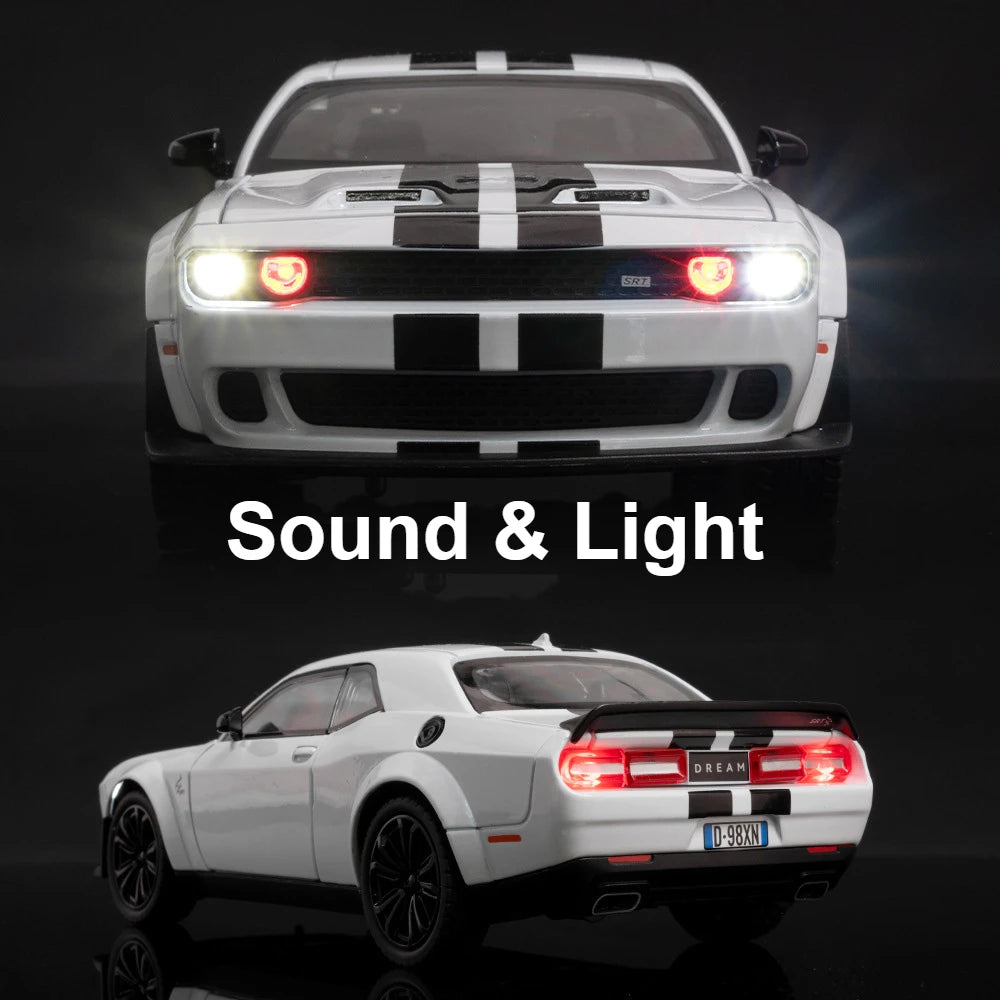 🔥 Carrinho de Metal Dodge Challenger SRT Hellcat | Modelo Supercarro com Luz e Som